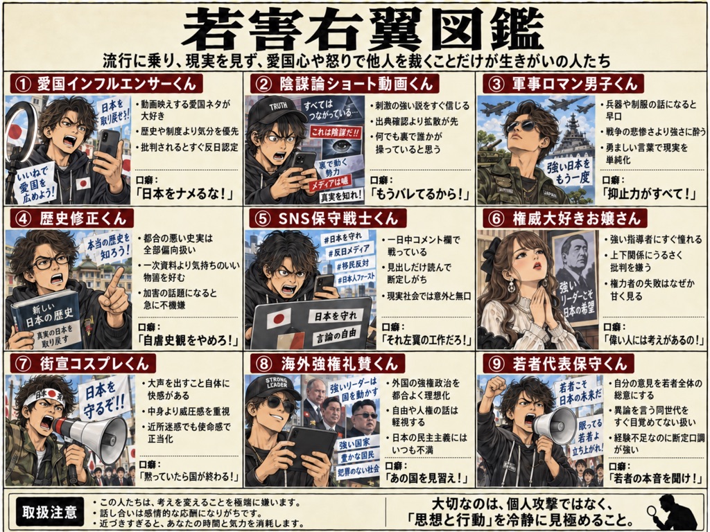 sitosi's tweet photo. ネットで「老害左翼図鑑」のイラストが流れています。しかし、左にも右にも、老人にも若者にもろくでなしは存在します。なの���、「老害右翼図鑑」、「若害左翼図鑑」、「若害右翼図鑑」と、それに加えて、真の
対立である「知性の分断図鑑」も作成してみました🤭
#老害左翼図鑑 #老害右翼図鑑 #若害左翼図鑑 #若害右翼図鑑 #知性の分断図鑑