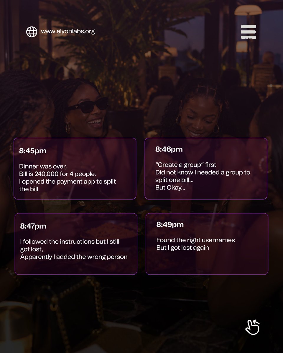 ElyonLabs's tweet photo. 4 friends, a bill and a problem.

13 minutes to do basic division.

What's the simplest task an app has somehow made complicated for you?

#fixthis #elyonlabs #fintech #UX #productdesign https://t.co/2GGT9M4GBF