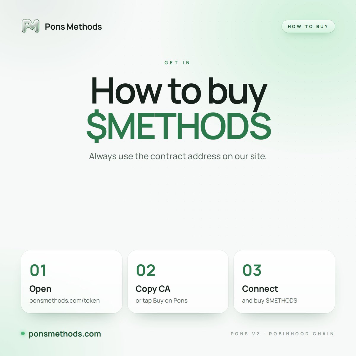 PonsMethods's tweet photo. How to buy $METHODS 🌿

01 Open https://t.co/YfZCSeJhB6
02 Copy the CA, or tap Buy on Pons
03 Connect your wallet and buy

Only use the contract address shown on our site. Ignore CAs posted in replies or DMs.

DYOR, not financial advice. https://t.co/SfKryAvve2