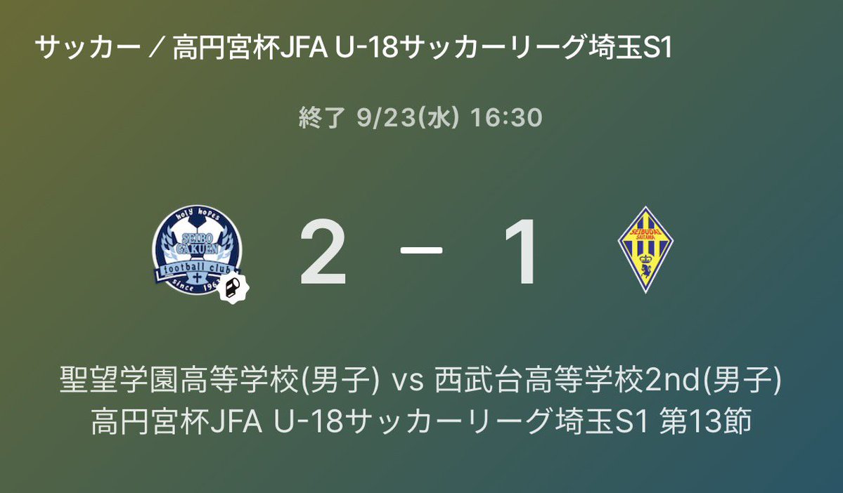 seibofc's tweet photo. 9月23日
［TOP］
高円宮杯JFAU18サッカーリーグ2026
埼玉S1リーグ　第13節
聖望学園 2⚪︎1 西武台Ⅱ

後半アディショナルタイムのゴールで、
後期リーグ初勝利することが出来ました。
次節連勝出来るように頑張ります。 https://t.co/m6KorpGXd8