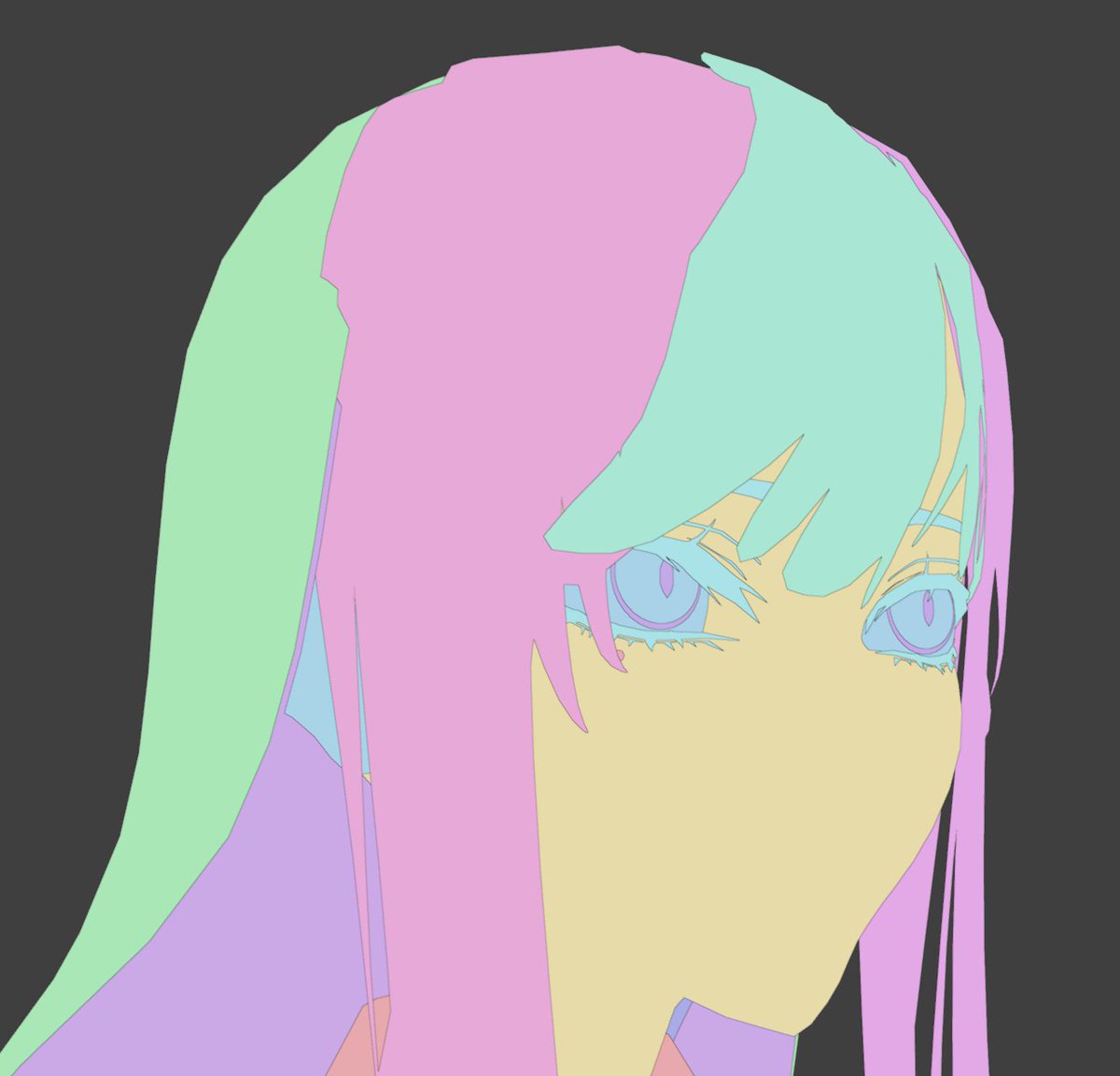 a_wo_'s tweet photo. 現在制作中のモデルをランダムカラーのフラットで表示しただけ。
でもなんだかすごくアートっぽくてカッコイイ。
目の感じがジブリっぽいような……？

#blender #b3d #3Dモデル https://t.co/9EbyiXD4UM