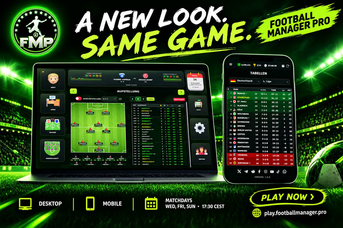 fmptoken's tweet photo. ✨ A NEW LOOK. SAME GAME.
FMP has a completely redesigned layout — now prepared for mobile, too.
Same football. Same competition. A fresh new FMP experience.
🎮 Play for free:
https://t.co/nOUHMrhBjM
#Gaming #FootballGaming #StrategyGaming #SimulationGame #ManagementGame https://t.co/XS1dRDCDUi