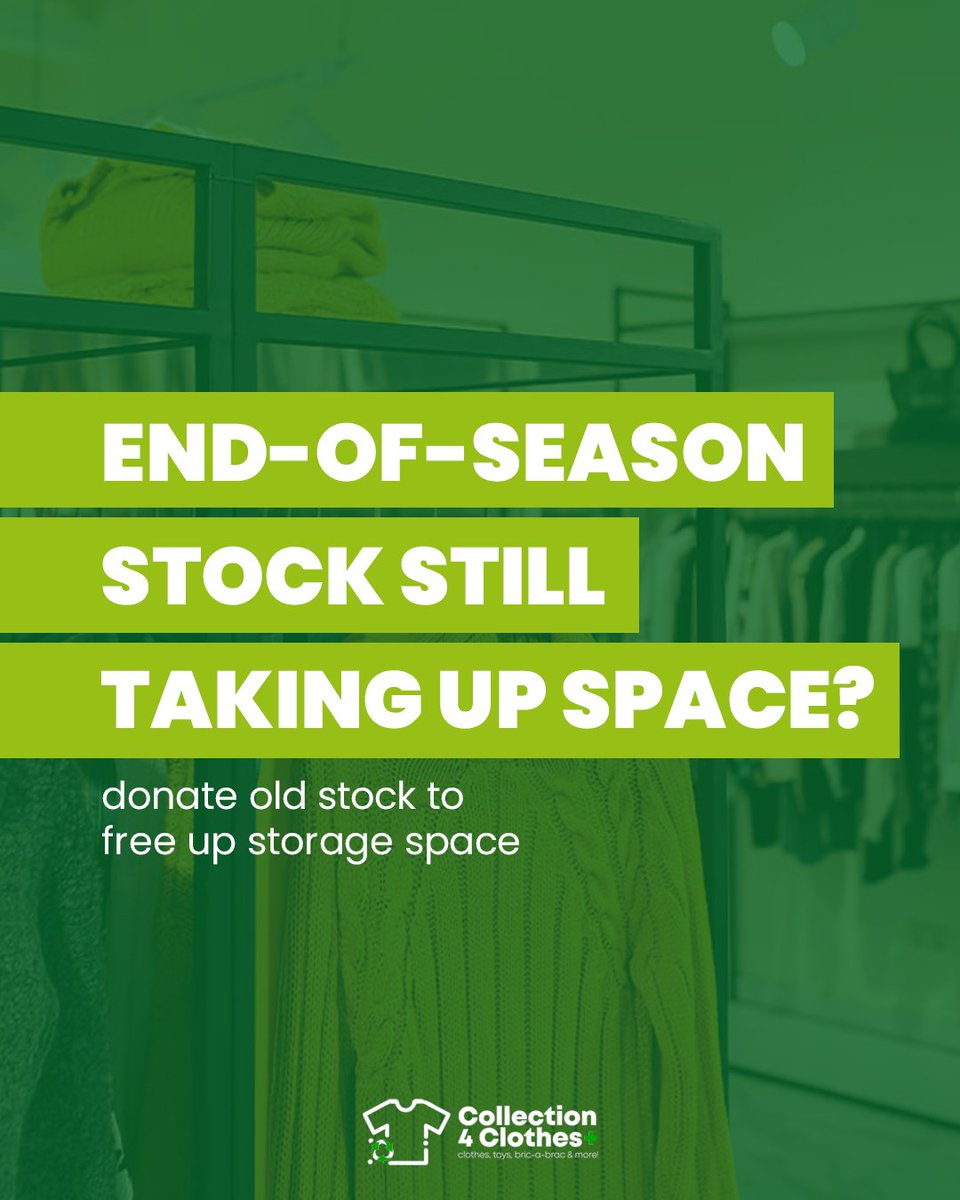 Collection4C's tweet photo. Got end-of-season stock taking up valuable space?

Suitable surplus clothing, returns, samples and discontinued lines could be donated instead, helping reduce waste, free up storage and support partnered charities.

📧 info@collection4clothes.co.uk https://t.co/GI4m6ScoKY