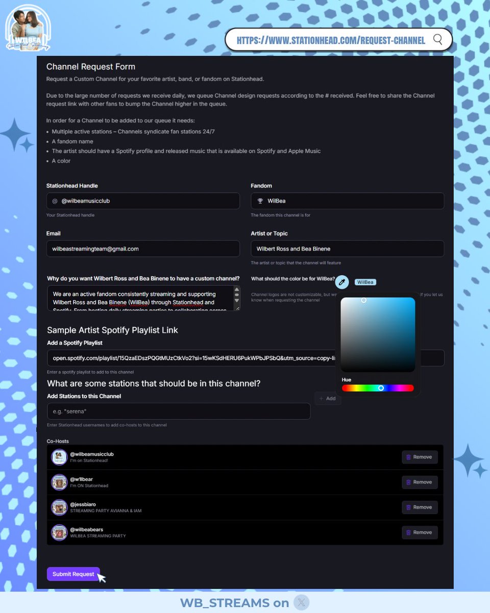 WB_Streams's tweet photo. Hello Oso Streamers, Wilbears, Serenes, and Bearries!
Let’s Request a StationHead Channel for WilBea 🐻
Please follow the steps below:
1. Visit Stationhead Request Channel Page: https://t.co/HiNsWCd4Lx
2.Enter the fandom details:
Stationhead handle: @wilbeamusicclub
Email address: wilbeastreamingteam@gmail.com
3. Enter fandom and artists’ names:
Fandom: WilBea
Artist or Topic: Wilbert Ross and Bea Binene
4. Why do you want WILBEA to have a channel?
We are an active fandom consistently streaming and supporting Wilbert Ross and Bea Binene (WilBea) through StationHead and Spotify. From hosting daily streaming parties to collaborating with other stations, our organized team works around the clock to help Wilbert Ross and Bea Binene hit major music milestones. Having a centralized channel will help us stay organized and keep fan participation strong 24/7.
5. Set the channel color:
Light Azure
Hex code: #D9EEFF
R: 217 G: 238 B: 255
(You can also drag the hue color as seen on the pubmat. If you are using a mobile device, you may leave this blank.)
6. Sample Artist Spotify Playlist:
https://t.co/hA41jwY09g
7. Add co-hosts/stations:
•@wilbeamusicclub
•@w1lbear
•@jessbiaro
•@wilbeabears
8. Submit the request.
9. Comment your submission request proofs on the replies section.
The more requests we submit and stations we add, the faster the approval.
Let’s do this for Wilbert and Bea!🩵🎧
#WilBea #WilBeaStreamingTeam