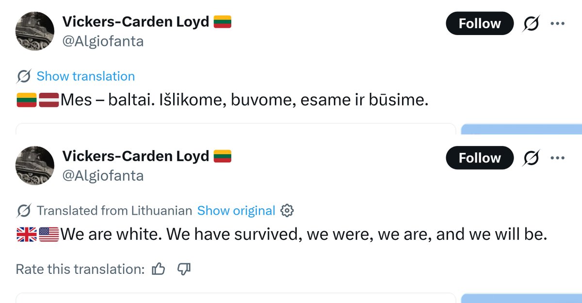 NAG3LT's tweet photo. The correct translation should have been:

🇱🇹🇱🇻 We are Balts. We survived, we were, we are, and we will be. 

But Grok decided to change flags, mistranslate the name of the ethnic group and give the tweet very different undertones... https://t.co/StKQxIqeOF