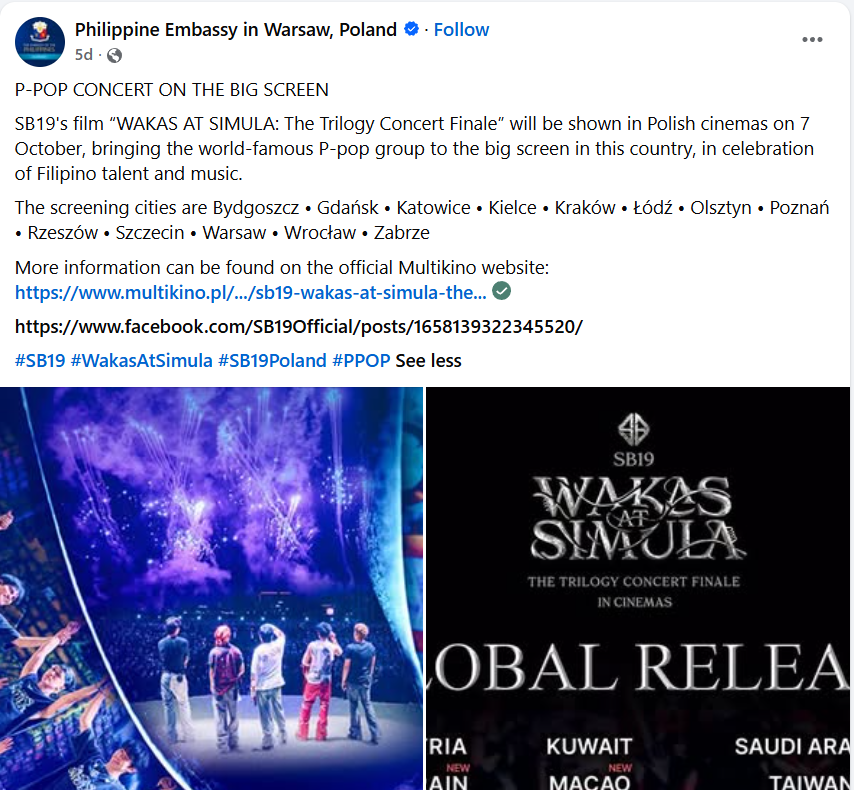 superbpaulo's tweet photo. PH Embassies in Warsaw, Poland and Bahrain promoting "Wakas at Simula Trilogy Concert Finale". 

@SB19Official #SB19 
#SB19_IN_CINEMAS 
#SB19_WAKAS_AT_SIMULA https://t.co/LbEgSOKKgj