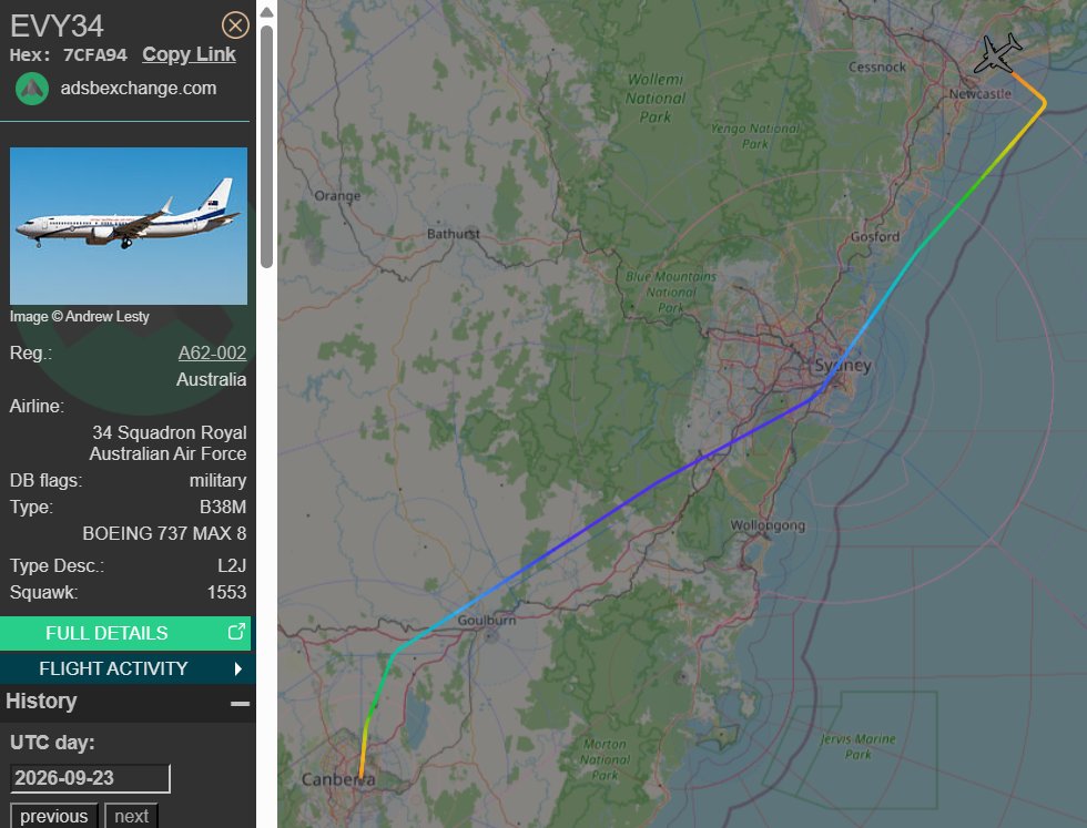 raaf_vip's tweet photo. Boeing 737 MAX 8 BBJ // A62-002 // Envoy 34

Route: Canberra (CBR) - Newcastle (NTL)
🛫: 00:16 UTC on 23/09/2026
🛬: 00:56 UTC

#RAAF #AusAirForce #A62002 #Newcastle #RAAFWilliamtown https://t.co/L3Gm9LW710