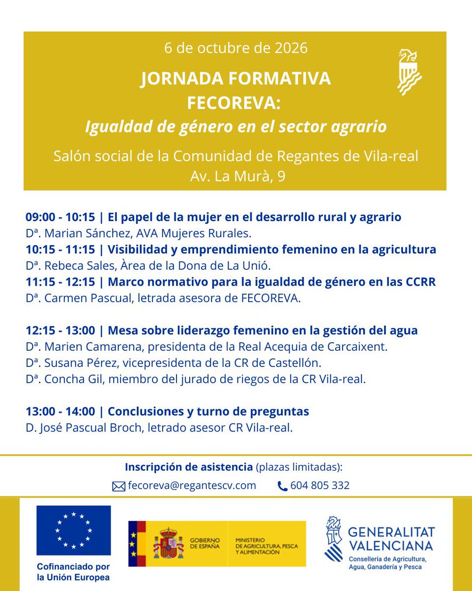 fecoreva's tweet photo. 📌💧 Jornada formativa a Vila-real sobre igualtat de gènere en el sector agrari.

➡️📚 Aquesta activitat es desenvolupa dins de les ajudes per a la transferència de coneixements del Pla Estratègic de la PAC 2023-2027.

✍🏼📩 Inscripcions en el correu fecoreva@regantescv.com https://t.co/E72lnsnxny