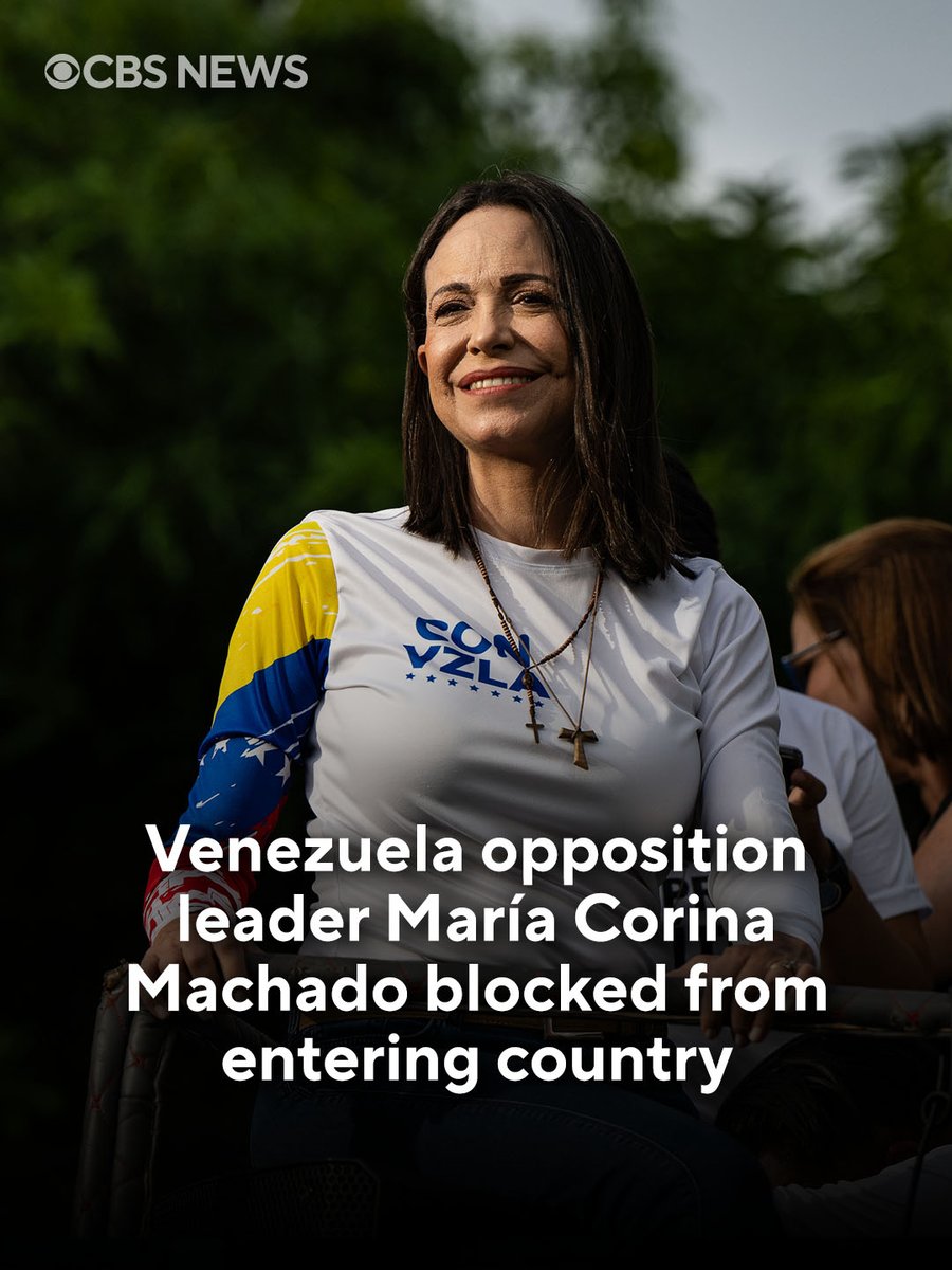 CBSNews's tweet photo. Venezuela's opposition leader, 2025 Nobel Peace Prize recipient Maria Corina Machado, was prevented from returning to the South American country from her exile in Panama three times in the past 24 hours. Machado is considered a fugitive by the Venezuelan government, which accuses her of calling for military intervention against the country. She has been unable to return to Venezuela since being covertly sneaked out of the country in December by a private U.S. rescue team to accept her Nobel Prize in Norway.

"During the last 24 hours, María Corina Machado has been denied entry into Venezuela three times," the politician's senior adviser said in a statement shared with CBS News' Margaret Brennan. "She has attempted to enter the country by air and sea but has been turned away each time."