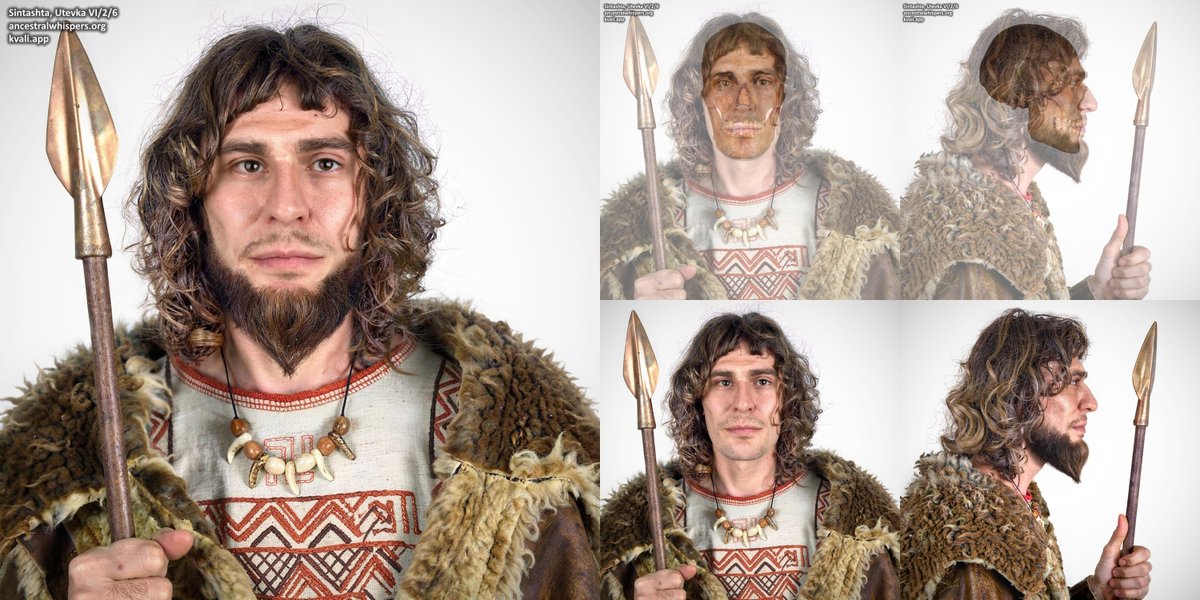 Sulkalmakh's tweet photo. Facial reconstruction of a 4,200-year-old Sintashta-Aryan “Romeo and Juliet” from Samara  

The ~21-year-old man and his ~14-year-old wife were buried in an embrace in Utevka VI, Kurgan 6, Grave 2, which contained six individuals: the couple and four children and infants, who were too old and too numerous to have been their offspring - perhaps siblings. 
The grave contained horse sacrifices, shield-shaped studded bone cheekpieces interpreted as chariot-driving gear, weapons (three copper daggers, a flat copper axe, and 16 flint projectile points), copper beads and rings, and other objects.  

Utevka VI is a distinctly Sintashta burial ground in Samara Oblast, although its excavator, P. F. Kuznetsov, classified it as belonging to the “Potapovka cultural type.” The circular arrangement of burials around central graves is characteristic of Sintashta sites.  

The grave goods at Utevka VI are abundant and varied, including numerous metal tools and weapons (knives, daggers, and spearheads), ornaments (bracelets, pendants, and beads), and stone tools for sharpening. Some objects show Near Eastern connections, while rare silver and gold ornaments were also found. Burials often included complete quivers containing flint arrowheads, with up to 16 per grave. Arrows were approximately 50 cm long, while bows could reach 1 m, with an estimated range of around 300 m.  

Clothing was decorated with beads made of metal, faience, and stone. A distinctive feature is the presence of antler cheekpieces (psalia), associated with horse gear and sometimes elaborately decorated, with parallels across the Eurasian Steppe. Bone artifacts - including arrowheads, beads, combs, and discs - were also common and diverse (Vasiliev I. B., Kuznetsov P. F., Turetski M. A., 2000).  

The male (I0246) was genetically a mixture of Steppe_MLBA and an ANE/WSHG-rich substrate. He carried Y-DNA haplogroup R1a-Z2124 and mtDNA haplogroup C1.