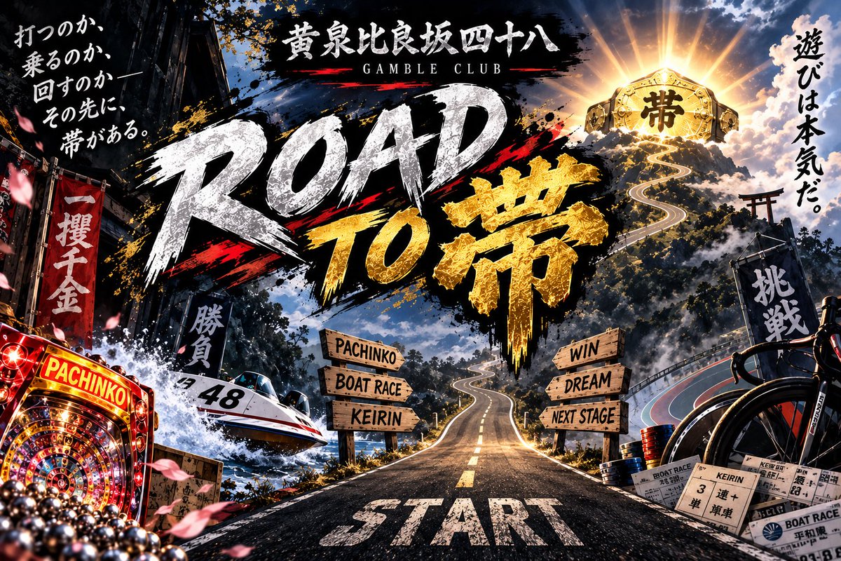 tatatauo09's tweet photo. 黄泉比良坂四十八 ギャンブル部

🚤🚴 『ROAD TO 帯』開幕。

目標はシンプル。
帯を目指す。

アフロ → ボートレース🚤
大ちゃん → 競輪🚴

そして今回、二人の運命を握るのは――

そう！　　皆様です

この後2人がそれぞれするポストについた
「いいね × 100」＝軍資金💰

24時間後に締め切って軍資金確定。

100いいねなら1万円。
500いいねなら5万円。
1,000いいねなら10万円。

ですので　先に言っておきます

オイラのお財布から初期費用が出ますので

マジで押さないで下さい。

絶対いいね押さないで下さい。

暇だからってリポストとかしないで下さい。

オイラは自分の財布を守りたい👛

ともあれ
その軍資金を握りしめ、
アフロと大ちゃんが帯まで増やします。

なお、減る可能性については
現在考えないものとします。

ROAD TO 帯

果たして帯を掴むのか。

それともROAD TO 無一文になるのか。

いざ　開幕👺🫵🫵🫵🫵🫵🫵