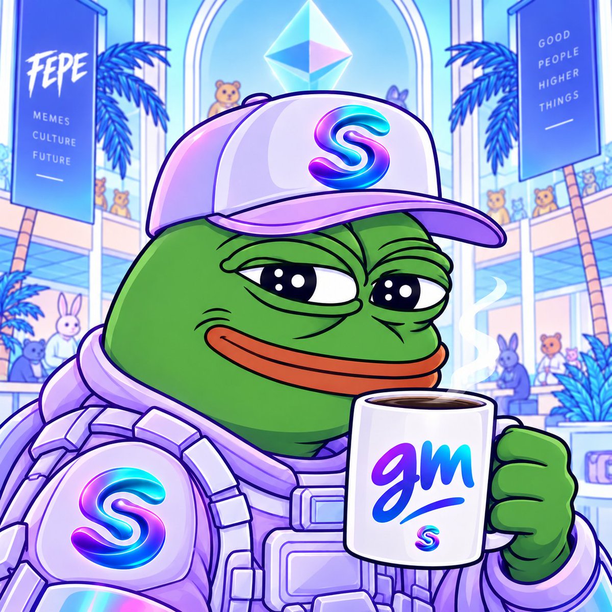 fusepepe's tweet photo. fuse, frog and  gm. 🤝

calling on all the eth maxis to return to mainnet. https://t.co/puzWMi9lDG