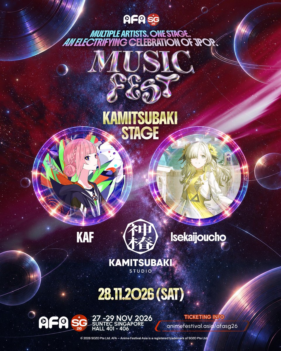 kaf_info_en's tweet photo. 【#AFASG26 Performance Announcement ✈️】

#KAF and #Isekaijoucho will be performing at AFA SINGAPORE 2026!

AFA SINGAPORE 2026: ULTIMATE MUSIC WEEKEND
📅 27–29 November 2026
🎤 Performance: Saturday, 28 November
📍 Suntec Singapore Convention & Exhibition Centre
Check out the details here ℹ️
🌐 https://t.co/DBfcIYZBhf

#AnimeFestivalAsia #KAMITSUBAKI_STUDIO