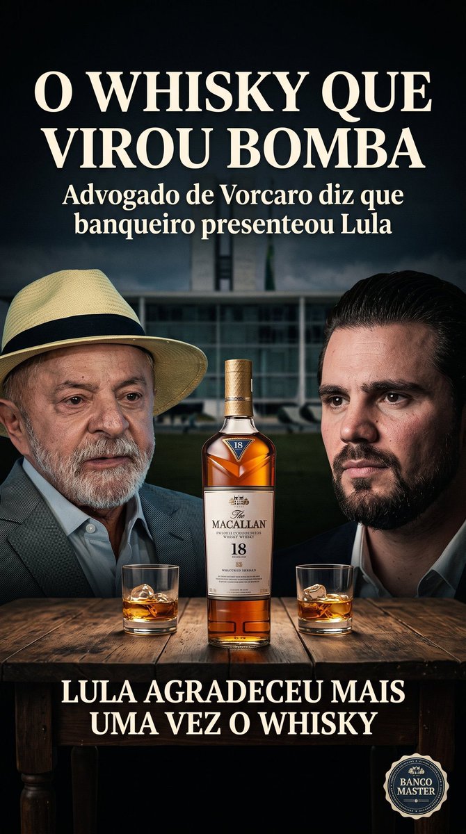 MarcioM61326104's tweet photo. Esse Vorcaro é a cara da ostentação...
Gastar uma grana preta para presentear "comprar" com um uísque caro para um bêbado, se este se satisfaz com uma garrafa de Velho Barreiro ou Caninha 51? https://t.co/hJq8hsWpve