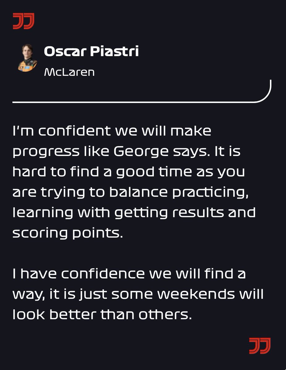 pviiig7gr's tweet photo. George Russell: 
[Oscar and I] have won in F4, F3 and F2. I have no doubt in my ability, I'm sure Oscar has no doubt in his, it will just take time.

Oscar Piastri:
I'm confident we will make progress like George says. It is hard to find a good time as you are trying to balance practicing, learning with getting results and scoring points.
