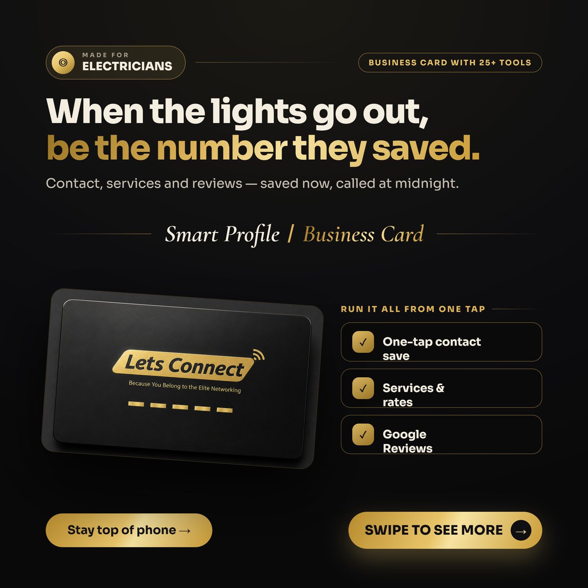 letsconnectcard's tweet photo. Made for electricians ⚡

When the lights go out, be the number they saved — contact, services and reviews saved now, called at midnight. 25+ tools, NFC + QR, no app.

£49 lifetime at letsconnectcard

#Electricians #SmartBusinessCard https://t.co/k1OozjJ76d