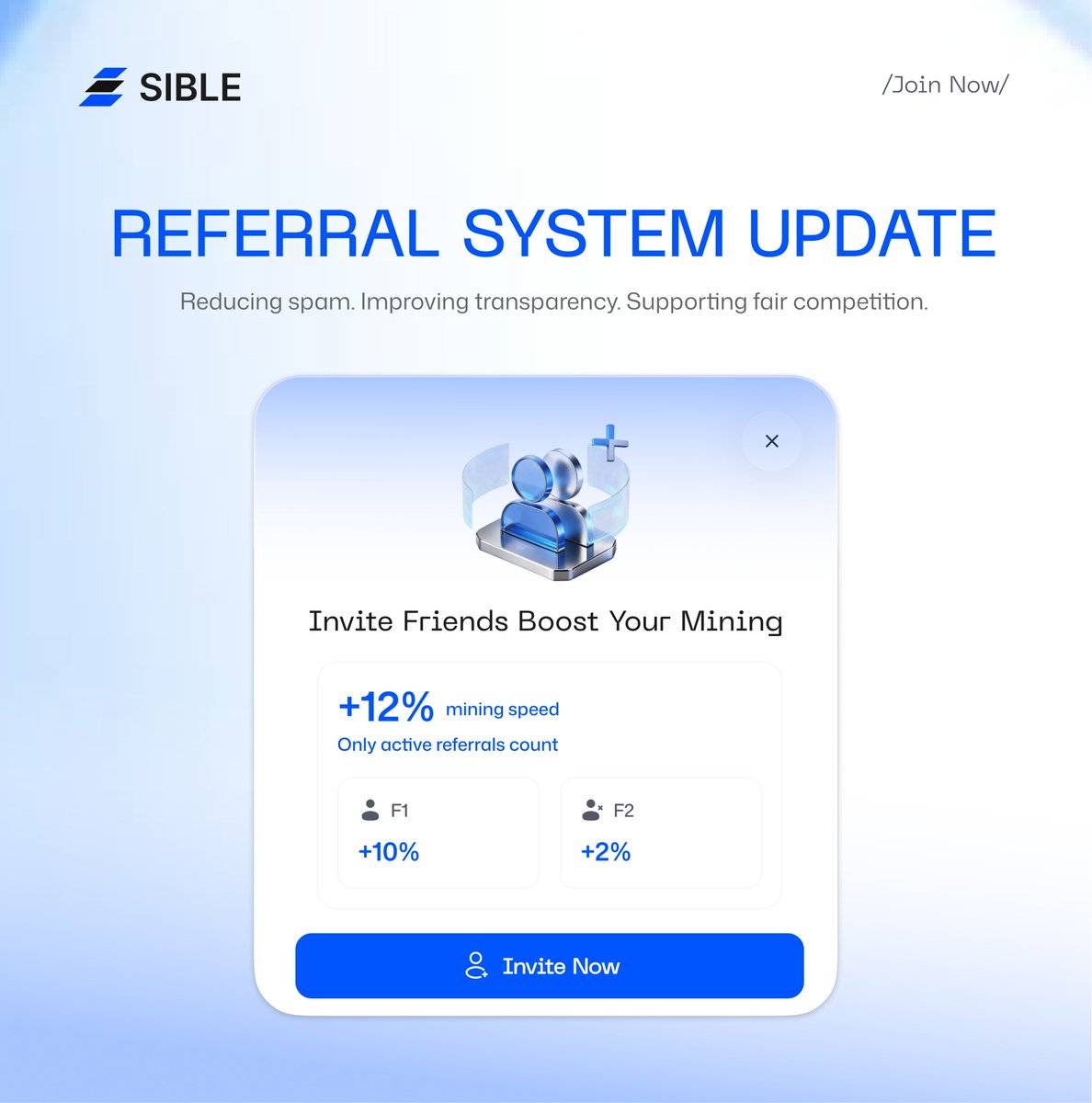 SibleNetworkAI's tweet photo. Weโre updating the Sible referral mechanism to make it fairer, more transparent, and less vulnerable to spam.
The referral rates will change as follows:
F1: +15% โ +10% per active referral
F2: +5% โ +2% per active referral
There is also an important change to how referrals are counted:
Your F1 and F2 referrals must now be active on the same day for their bonus to apply.
A referral is considered active once they complete at least one mining session that day. From that point, their referral bonus will apply to your mining sessions for the rest of the day.
The bonus will not be added to sessions that were already completed before the referral became active.
A stronger network needs a fairer foundation.
Rewards will continue to decrease over time. Thank you to everyone who joined early.
#SibleAI #SIBLE #SibleNetwork