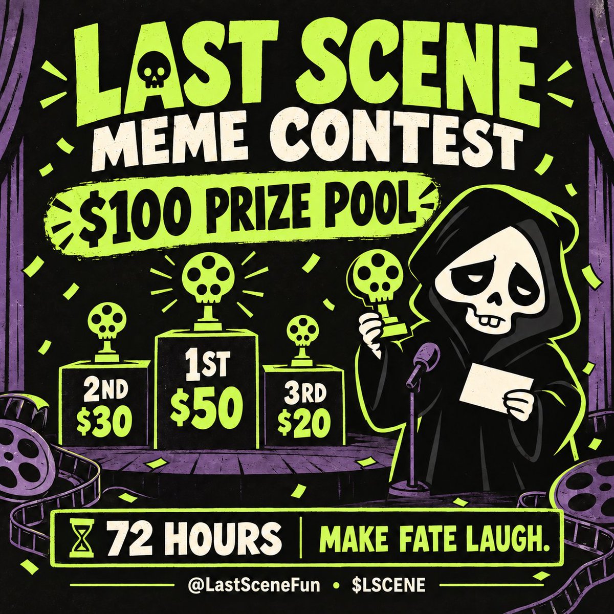 LastSceneFun's tweet photo. FIRST LAST SCENE MEME CONTEST 💀

$100 PRIZE POOL
🥇 $50 🥈 $30 🥉 $20

• Create a Last Scene meme.
• Post on X.
• Tag @LastSceneFun + $LSCENE.
• Reply below with your post link.

Ends in 72 hours.
Judged on creativity, lore &amp; organic engagement.

MAKE FATE LAUGH. https://t.co/RHUjwukuaO