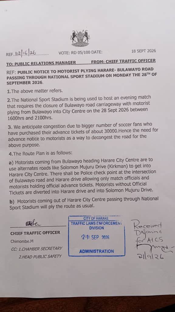 GiantMediaZw's tweet photo. Harare-Bulawayo Road to close during Warriors’ AFCON Qualifier match.

City of Harare will temporarily close the Harare-Bulawayo Road section passing through the National Sports Stadium on Monday, September 29, from 4pm to 9pm, as the Warriors host DR Congo in an AFCON qualifier. https://t.co/eMKWHwvyn8