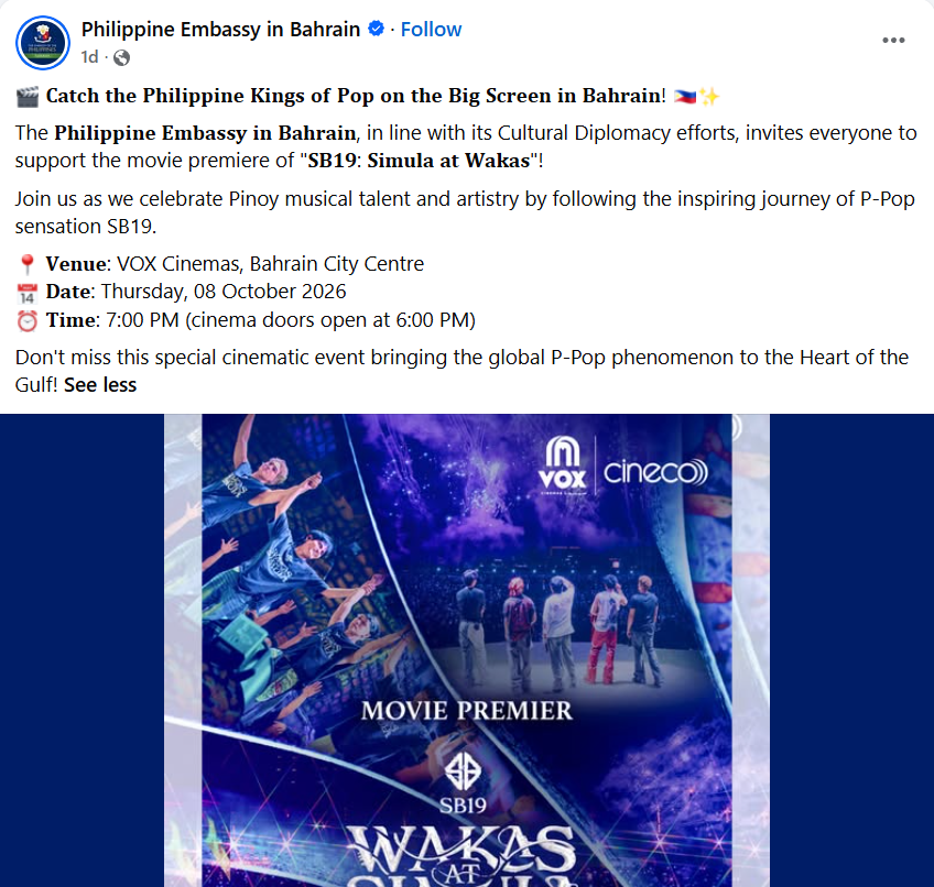 superbpaulo's tweet photo. PH Embassies in Warsaw, Poland and Bahrain promoting "Wakas at Simula Trilogy Concert Finale". 

@SB19Official #SB19 
#SB19_IN_CINEMAS 
#SB19_WAKAS_AT_SIMULA https://t.co/LbEgSOKKgj
