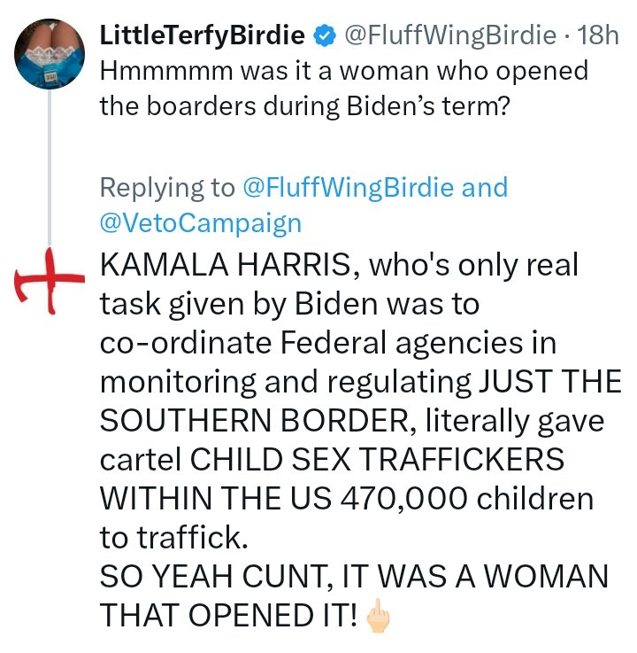2c4sSoulz's tweet photo. @FluffWingBirdie 🖕🏻
Biden in fact executively and publicly handed the Southern border operations directly to the stewardship of Kamala Harris.
Hence her public title "Border Tzar".
So yes, it was a woman who facilitated the mass rape of American women and children, worst rape stats in US history! https://t.co/HtVWbdOFAc