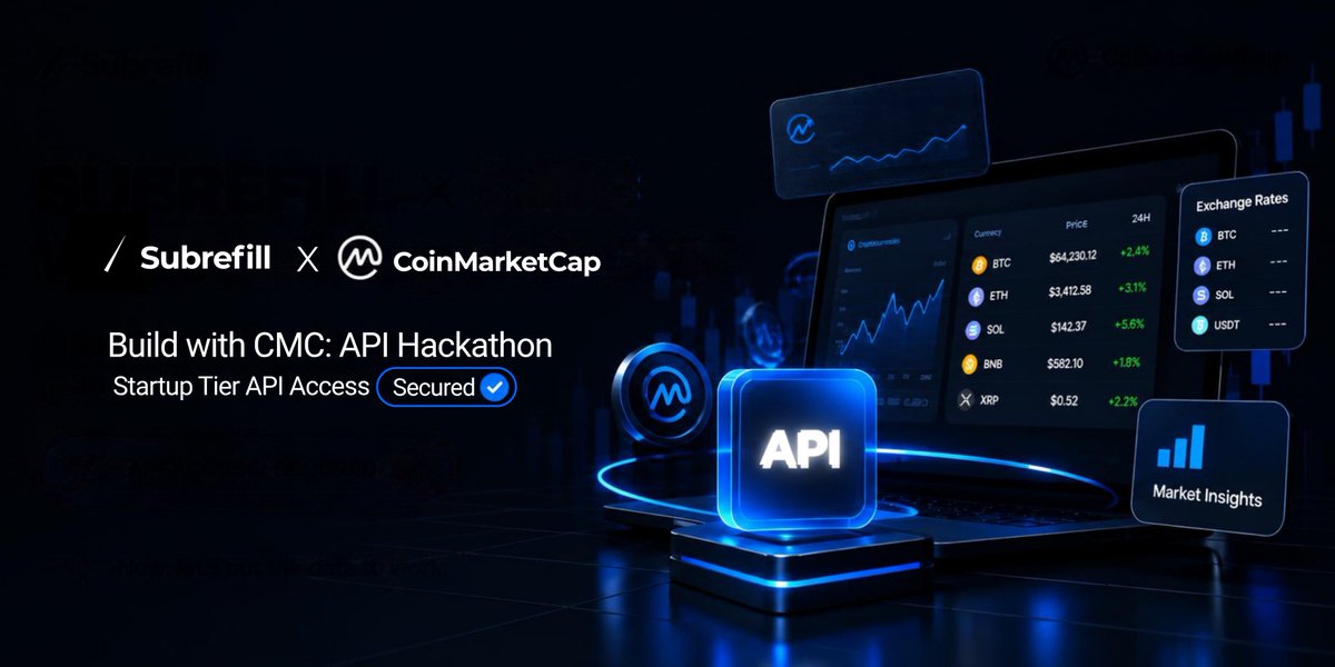 Subrefill's tweet photo. We secured the CMC Startup Tier API access through the Build with CMC: API Hackathon!

We now have direct access to @CoinMarketCap's live market data to power our product price conversions.

#BuildwithCMC https://t.co/hllciQzT4D