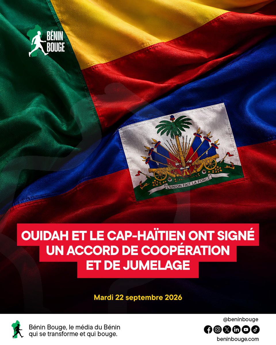 BeninBouge's tweet photo. 🇧🇯 𝗢𝗨𝗜𝗗𝗔𝗛 𝗘𝗧 𝗖𝗔𝗣-𝗛𝗔𝗜̈𝗧𝗜𝗘𝗡 🇭🇹 𝗦𝗜𝗚𝗡𝗘𝗡𝗧 𝗨𝗡 𝗔𝗖𝗖𝗢𝗥𝗗 𝗗𝗘 𝗖𝗢𝗢𝗣𝗘́𝗥𝗔𝗧𝗜𝗢𝗡 𝗘𝗧 𝗗𝗘 𝗝𝗨𝗠𝗘𝗟𝗔𝗚𝗘
Une nouvelle passerelle se crée entre le Bénin et Haïti. Ce mardi 22 septembre 2026, les villes de Ouidah et Cap-Haïtien ont officiellement signé un accord de coopération et de jumelage.
L’accord doit permettre aux deux municipalités de partager leurs expériences et de développer des initiatives communes, notamment dans les domaines de la culture, du patrimoine, du tourisme, de l’éducation, de la jeunesse et du développement local.
Un rapprochement qui prend aussi une dimension particulière au regard des liens historiques entre Ouidah, haut lieu de mémoire de l’histoire africaine et de la diaspora, et Cap-Haïtien, ville majeure de l’histoire haïtienne et caribéenne.
#BeninBouge