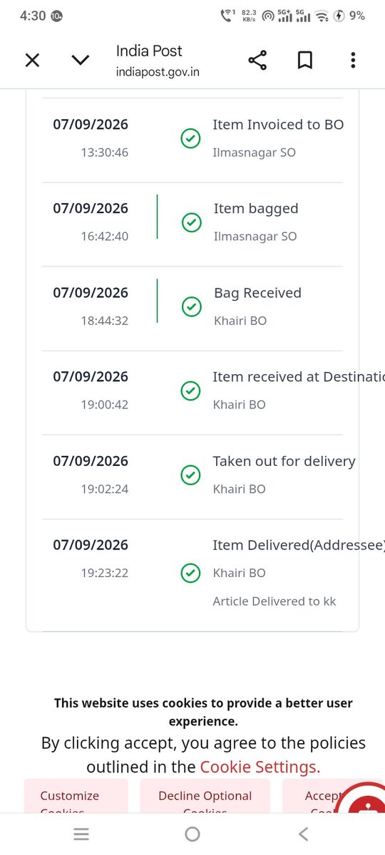 Chandan_716's tweet photo. @IndiaPostOffice 
My article JN069431402IN has been wrongly marked as delivered on 07/09/2026 at 19:23:22 at Khairi BO. The tracking shows “Article Delivered to kk”, but I have not received the article/PAN card and I did not authorize anyone else to receive it.
Kindly investigate https://t.co/WTZrW6K57w