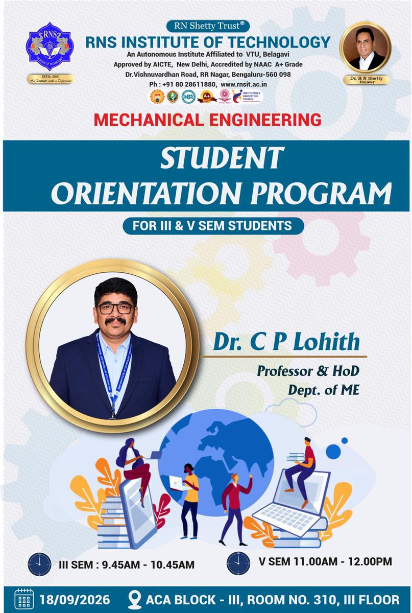 rnsit_mech's tweet photo. V Semester Orientation Program at RNSIT Mechanical Engineering!
Students gained insights into departmental facilities, placement support, SAE BAJA, Agro Club, Sustainable Agricultural Technologies &amp; NextGen Materials and Additive Manufacturing. https://t.co/W1Kjk01JOX