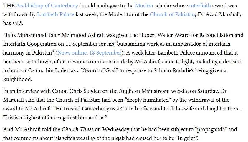 gerrylynch's tweet photo. A very important story from @MadsDavies which everyone who jumped into last week's pileon to the Archbishop of Canterbury should have the decency to read. Pakistani Christians nominated Ashrafi for the award, and have been left "humiliated" - their own word - by its withdrawal. https://t.co/3ubW7MaTjf