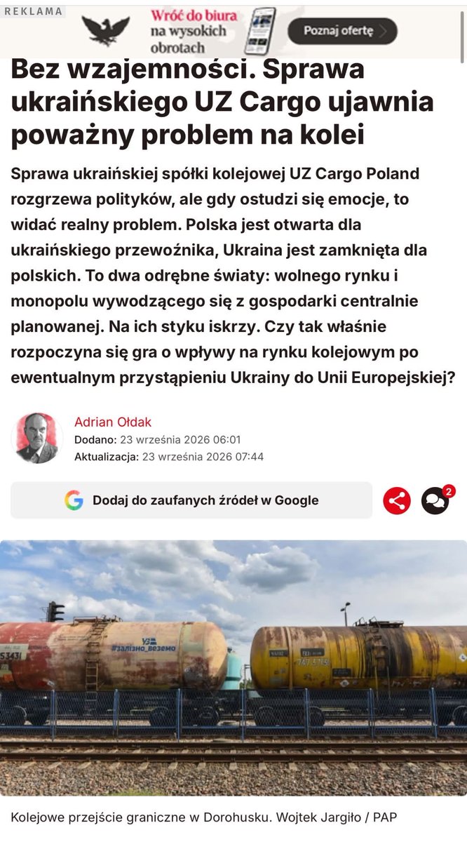MeklerRafal's tweet photo. Polska jest otwarta dla ukraińskich kolei, Ukraina dla polskich zamknięta.
Relacja skrajnie niekorzystna, niesymetryczna, ale może nieprzypadkowa? 
Przypomnijmy, że szefem kolei ukraińskich był obecny członek rządu, minister aktywów państwowych…
Obecnie w tej samej spółce w zarządzie zasiada koleżanka Tuska, Elżbieta Bieńkowska.😏