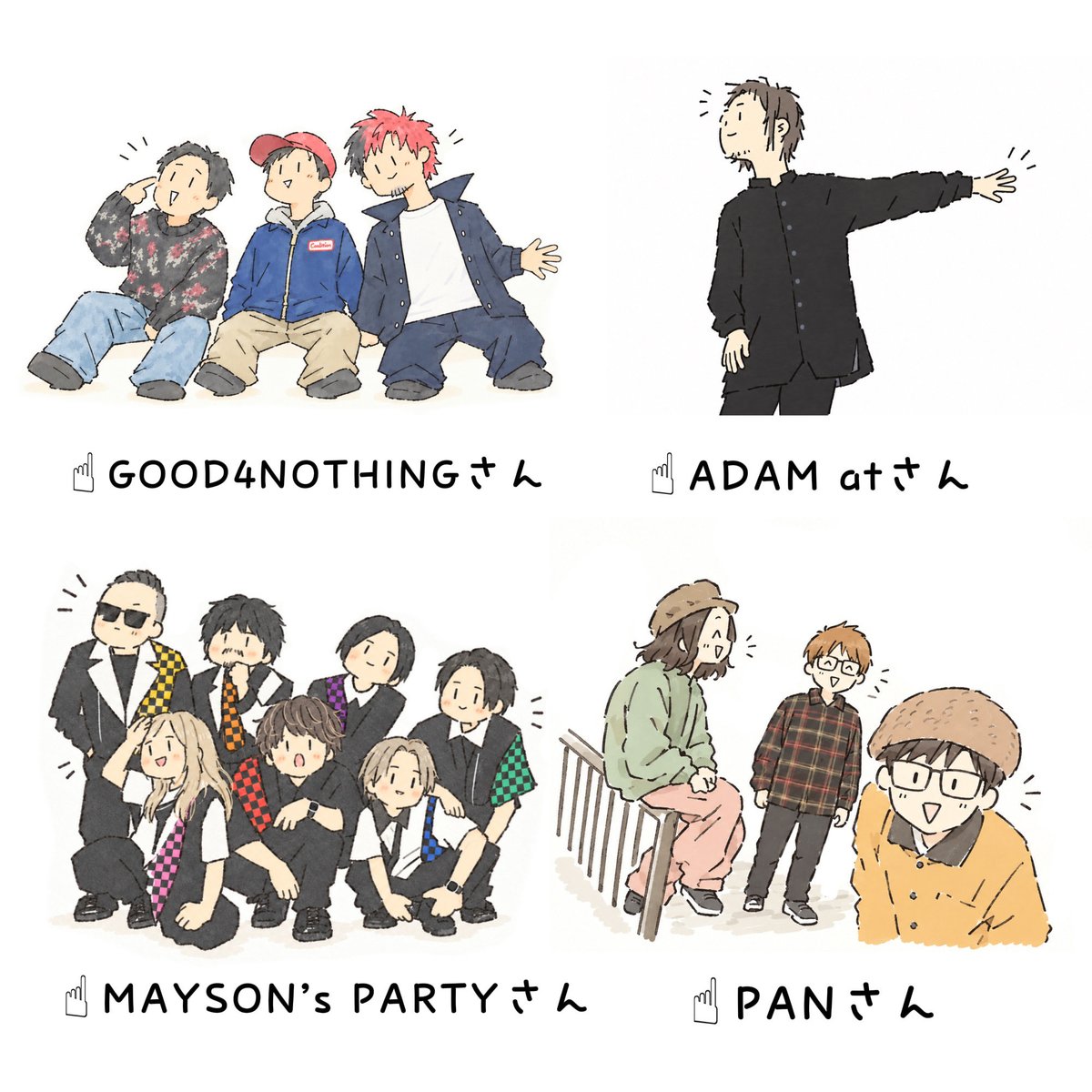 esp_mscl's tweet photo. 元美術部マスコロ部員の描いてみた②👩‍🎨🎨

#PAN さん、#ADAMat さん、
#MAYSONsPARTY さん、#GOOD4NOTHING さん
を描かせて��ただきました‼️
描いていてとても楽しかったです✨

マスコロまで残り4日！！
みなさんとお会いできるのを心待ちにしています♪

#マスコロ #マスコロ部 #esp #イラスト https://t.co/LHoesTXb8T