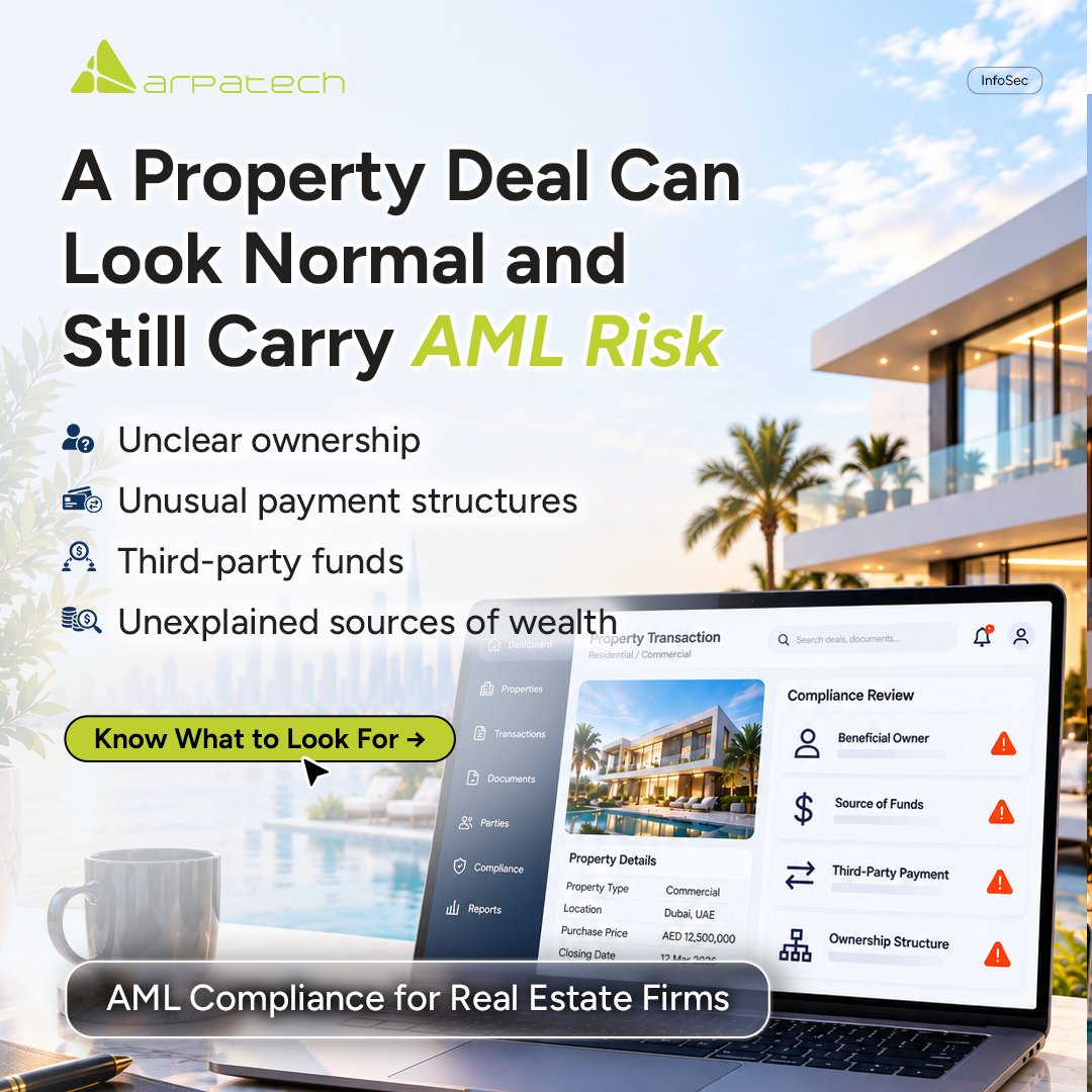 arpatech's tweet photo. A property deal can look normal and still carry AML risk.

Unclear ownership, unusual payments, third-party funds, or unexplained wealth can all raise red flags.

Read the full blog: https://t.co/bCaKuojgN3

#AMLCompliance #RealEstateCompliance #RiskManagement #Arpatech https://t.co/DmphXM4ngO