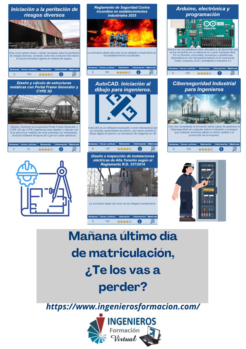 Cogitial1's tweet photo. 📢 ¡Mañana es hoy! Estos son los cursos @cogiti que cierran matriculación hoy.
✅ Con descuentos especiales para todas las personas colegiadas ¡Aprovecha!
👉 https://t.co/jzjiGBUfDF
#cursosonline #formaciononline #elearning #ingeniería #colegioprofesional #formacióningeniería https://t.co/F6WaJoDlp9