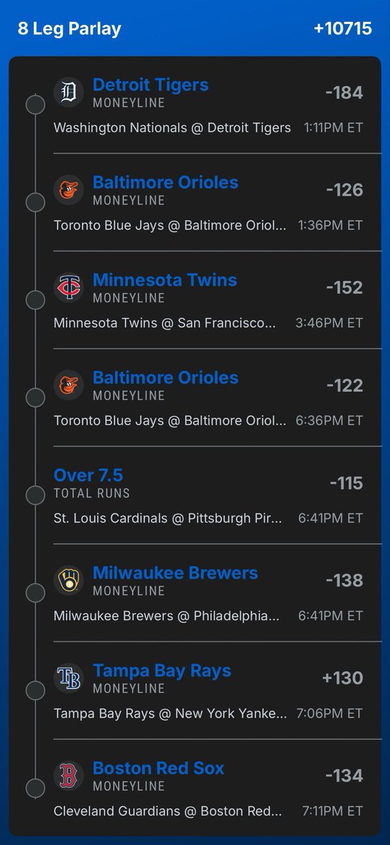 FJerimai618's tweet photo. 🔥 8-LEG MONSTER +10,715 🔥

Tigers  
O’s (x2)  
Twins  
Over 7.5  
Brewers  
Rays  
Red Sox  

One ticket. Massive payout. Who’s locking it in with me? 💰🚀 https://t.co/jpG9StGraz