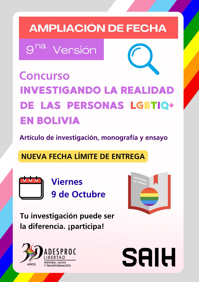 ADESPROC's tweet photo. La fecha de presentación se amplía hasta el viernes 9 de octubre hasta las 14:30
📷 Convocatoria: https://t.co/FEFlUEBmxG
📷 Inscríbite aquí: https://t.co/axXWJgPB4Q
📷 ¿Tienes dudas o alguna consulta? Escríbenos al 76596105.
📷 ¡Anímate a construir y aportar conocimiento! https://t.co/jgKCtNmWdJ