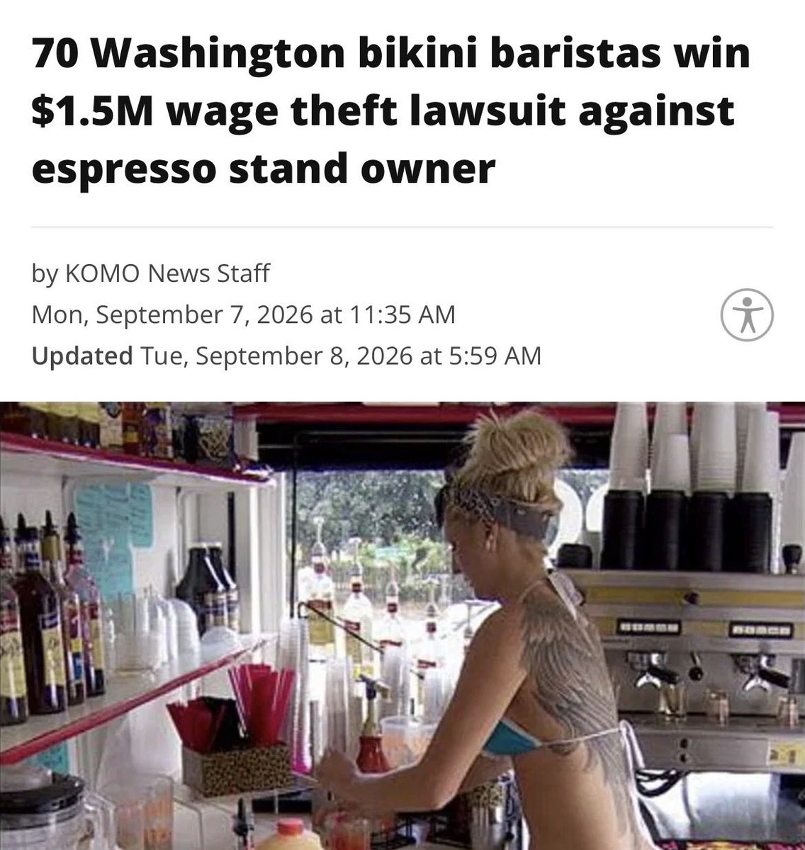 davenewworld_2's tweet photo. 70 bikini baristas in Washington won $1.85 million in unpaid wages and damages. I'm fascinated by this story. A ragtag crew of bikini baristas organizing to defeat a sleazy businessman who was robbing them is empowering. This should be much bigger news. These ladies are badass. https://t.co/SlWd3GwV6A