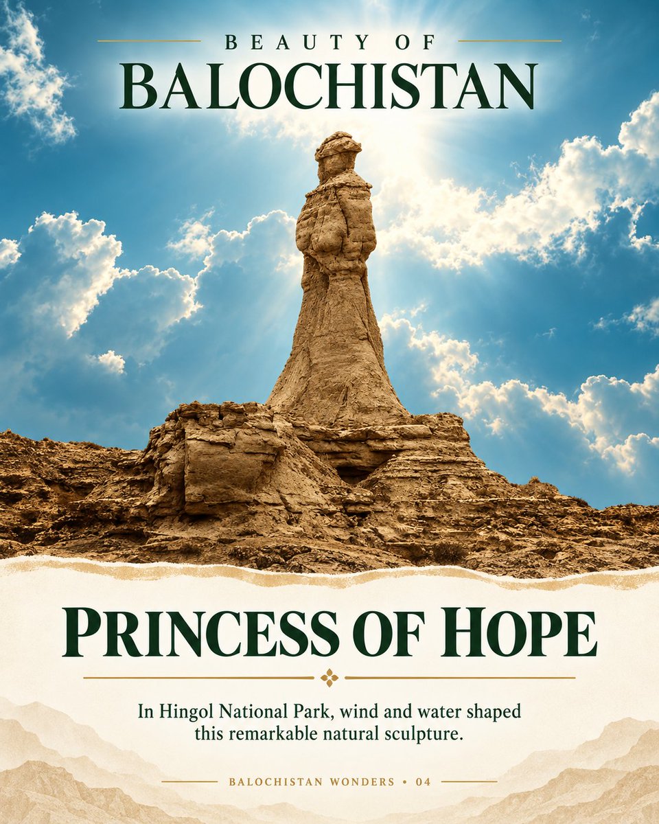 Baloch_Nojawan's tweet photo. Princess of Hope
In Hingol National Park, nature carved a silhouette that looks toward the horizon. The Princess of Hope is one of Balochistan’s most striking natural sights. ⛰️
#PrincessOfHope #HingolNationalPark #BeautyOfBalochistan https://t.co/cMNPzyAGtZ