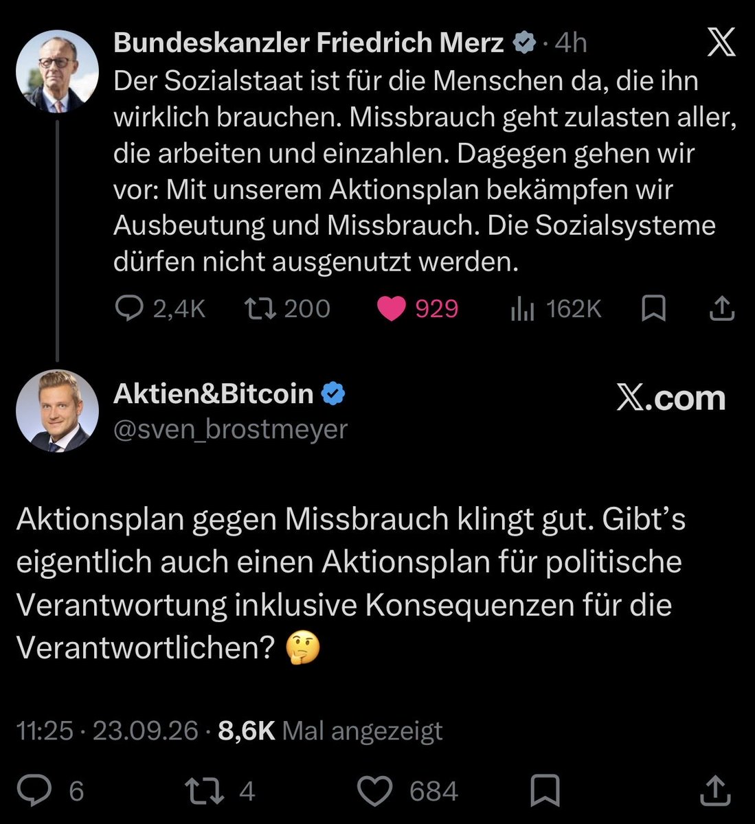 sven_brostmeyer's tweet photo. 🚨 EIN SATZ UNTER DEM KANZLER POST UND X DREHT DURCH. 😂

Mein Kommentar unter dem Beitrag von Friedrich Merz:

Aktionsplan gegen Missbrauch klingt gut. Gibt’s eigentlich auch einen Aktionsplan für politische Verantwortung inklusive Konsequenzen für die Verantwortlichen? 🤔

Nach wenigen Stunden:

🔥 684 Likes
👀 8.600 Views

Offenbar beschäftigt die Frage einige Menschen.
Wie seht ihr das Sollte politische Verantwortung häufiger auch persönliche Konsequenzen haben?
