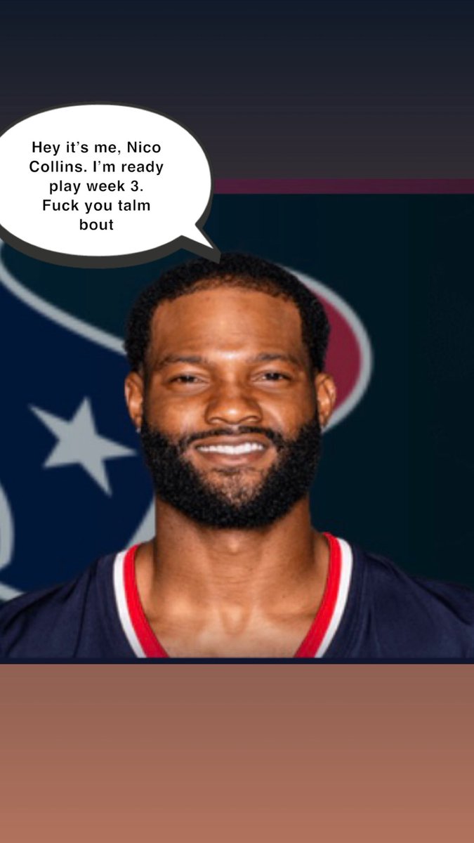 biggestbagdoer's tweet photo. Good news from Texans practice this morning:

Nico Collins spoke to press and is good to go week 3. Looks to have a big week with lots of potential against a banged up colts defense. 

Per Me https://t.co/uRWCFBgPci