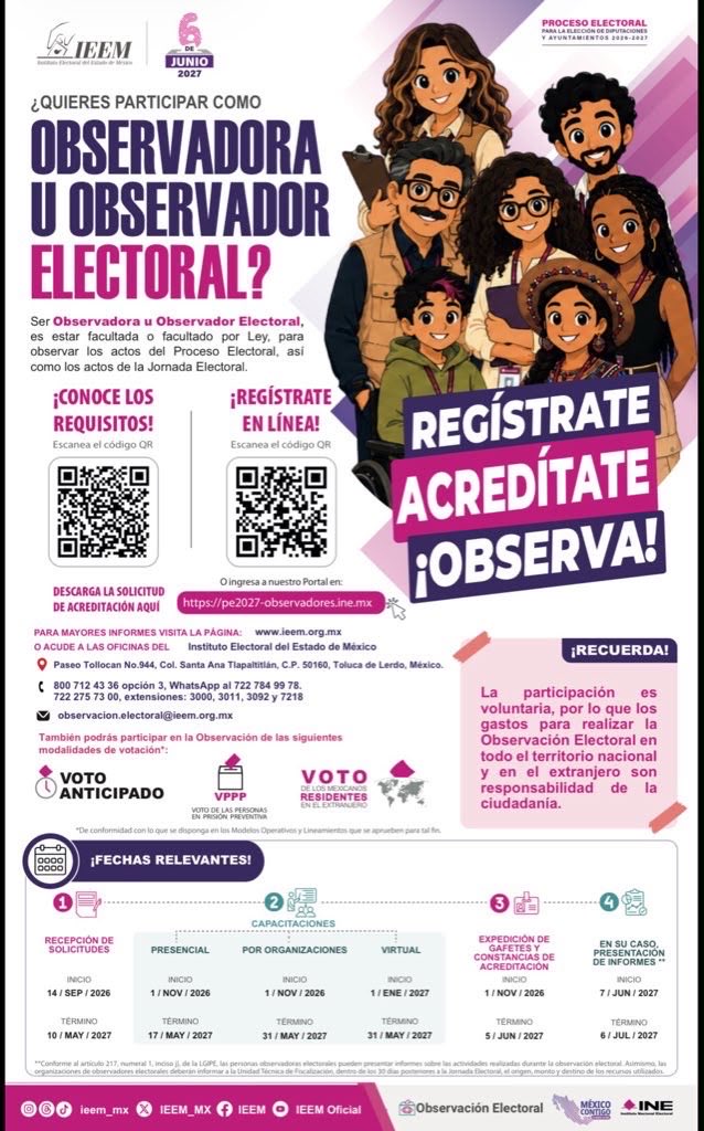 pulido_amalia's tweet photo. Tu participación es clave para vigilar y dar transparencia a esta elección. 
Te invito a sumarte como persona observadora electoral para el #ProcesoElectoral 2026-2027 
Revisa la convocatoria en: https://t.co/2FLjFHOvKB 👈🏼 https://t.co/xjg7AHUrEB
