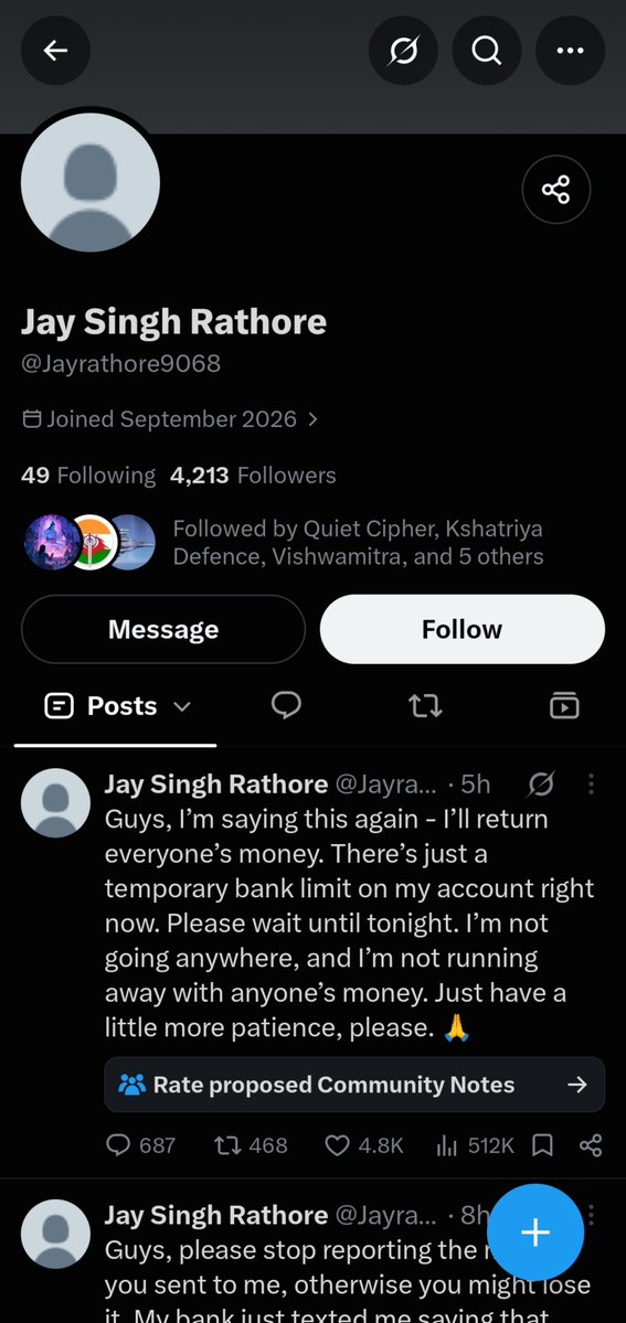 osintspectator's tweet photo. It took me almost a year to reach 4k followers. I share verified updates and counter anti-India propaganda. 

Meanwhile, this scammer who scammed people with fake hospital documents hit 4k in just 2-3 days 😭 

I'm not jealous, just disappointed 🥲 https://t.co/ySNQdnR51H