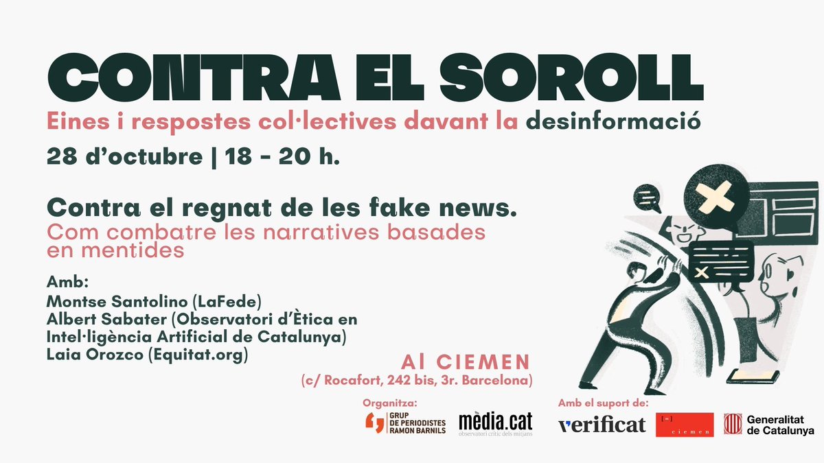 MediacatCat's tweet photo. Contra el soroll: dues jornades de formació i debat per aprendre a identificar i construir respostes col·lectives davant la desinformació.

📅 Dimecres 14 i 28 d’octubre
🕙 De 18 a 20 h
📍 AI CIEMEN (Barcelona)

Gratuït amb inscripció prèvia fins el 8/10:
https://t.co/qmp5ra3alQ https://t.co/ylFp97j24h