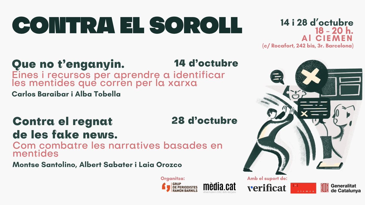 MediacatCat's tweet photo. Contra el soroll: dues jornades de formació i debat per aprendre a identificar i construir respostes col·lectives davant la desinformació.

📅 Dimecres 14 i 28 d’octubre
🕙 De 18 a 20 h
📍 AI CIEMEN (Barcelona)

Gratuït amb inscripció prèvia fins el 8/10:
https://t.co/qmp5ra3alQ https://t.co/ylFp97j24h