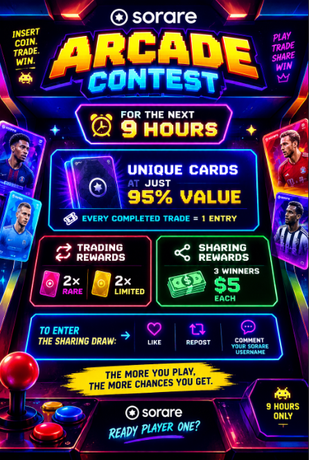 PawelTrader_'s tweet photo. 🕹️ SORARE ARCADE 🕹️

🃏 UNIQUE CARDS at just 95% VALUE
Every completed trade = 1 entry 🎟️
🏆 TRADING REWARDS
🔴 2× RARE
🟡 2× LIMITED

💵 SHARING REWARDS
3 winners → $5 CASH each 💰
To enter the Sharing Draw:
❤️ Like
🔁 Repost
💬 Comment your Sorare username

⏰ 9 HOURS ONLY

Let's play @Sorare
#Sorare #SorareFootball #SorareTrading