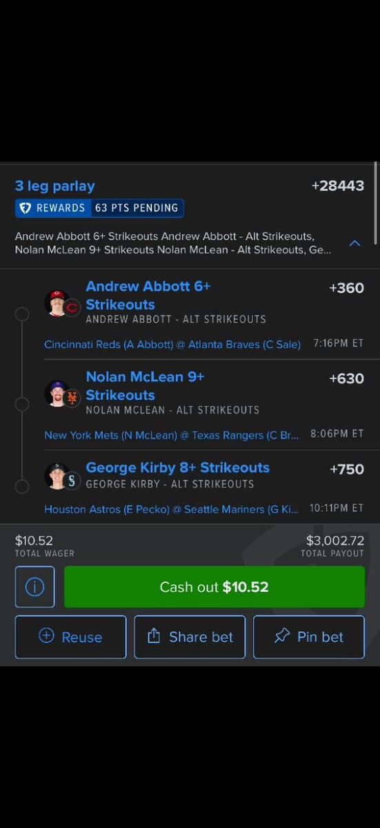 FJerimai618's tweet photo. 🔥 INSANE +28,443 STRIKEOUT PARLAY 🔥

Abbott 6+ Ks  
McLean 9+ Ks  
Kirby 8+ Ks  

$10.52 → $3,002  

Who’s letting it ride with me? 🚀💰 https://t.co/P1TeLEZ68j