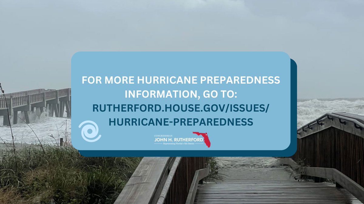 RepRutherfordFL's tweet photo. Wind, storm surge, and flooding can be just as deadly as the hurricane itself. As peak hurricane season continues, please heed caution, monitor all weather alerts, and be prepared.

Listen to 89.9 WJCT-FM and go to my website for more hurricane preparedness information: https://t.co/KG3v1PWpNP.🌀