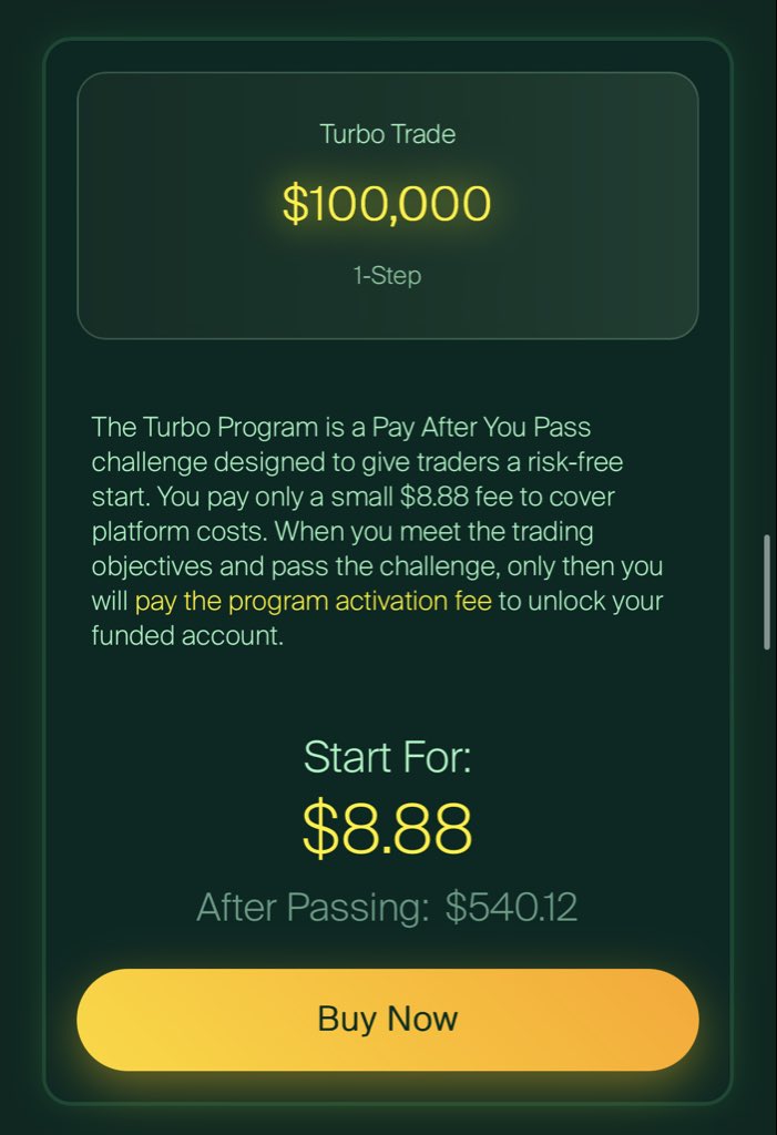 TrustedPropHub's tweet photo. 🚨 $100K Instant Account for just $8.8?

@Get_Leveraged is offering traders a different way to access its Turbo model.

Pay a small upfront fee → get the $100K account → pass the challenge → pay the remaining fee.

The target? Just 6% profit.

Low entry cost, $100K account size, and the bulk of the fee comes only after you pass.

Would you take this deal? 👀