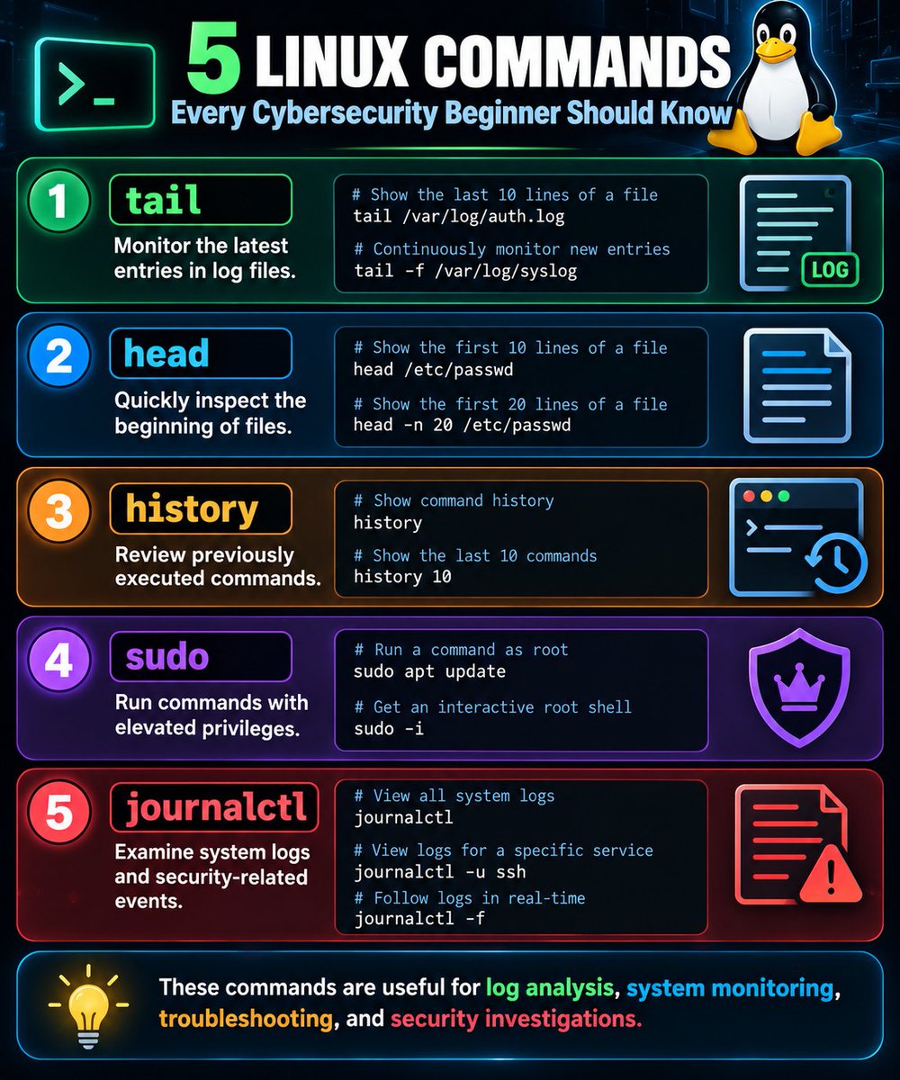 Shubham10_26's tweet photo. 🛡️🐧 Cybersecurity Beginners Series — Part 3

If you're starting your cybersecurity journey, these 5 Linux commands are worth adding to your toolkit:

🐧 tail — monitor log files
🔎 head — inspect file contents
🕵️ history — review executed commands
🔐 sudo — work with elevated privileges
🚨 journalctl — analyze system logs

Simple commands, but essential for log analysis, system monitoring, troubleshooting, and security investigations.

Learn the basics. Practice them. Build from there. 🚀

Follow @Shubham10_26 for more cybersecurity & tech content.

#Cybersecurity #Linux #InfoSec #CyberSecurityBeginners #TechTwitter