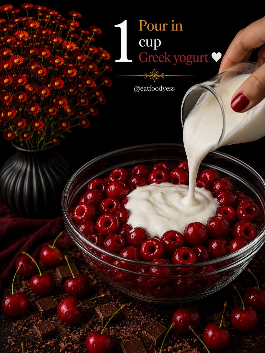 SundayVixkpze's tweet photo. Chocolate-Covered Cherry Yogurt Clusters

Ingredients 
• 2 cups pitted cherries 
• 1 cup Greek yogurt 
• 200 g dark chocolate 

Directions 
1. Add the pitted cherries. 2. Pour in the Greek yogurt. 3. Mix until well combined. 4. Spoon onto a https://t.co/FT0QYExXis